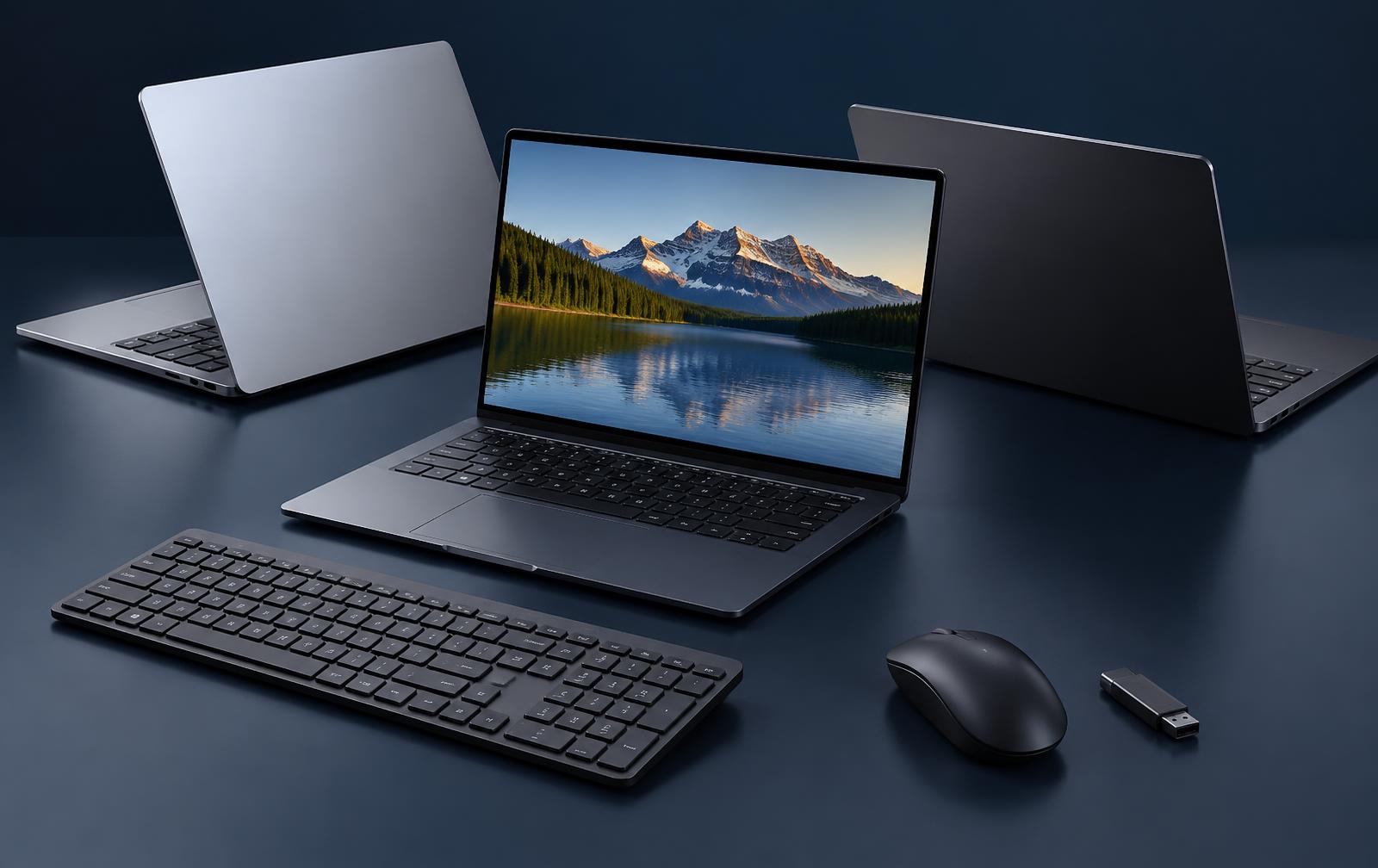 Modern laptops with a keyboard, mouse and USB drive on display